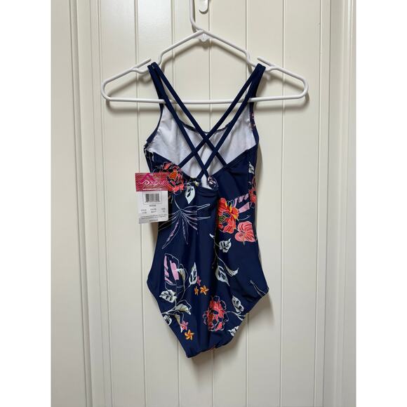 Kanu Surf Girls UPF 50 Beach Sport Criss-Cross One Piece Swimsuit, Reese Navy 12 - Picture 2 of 6